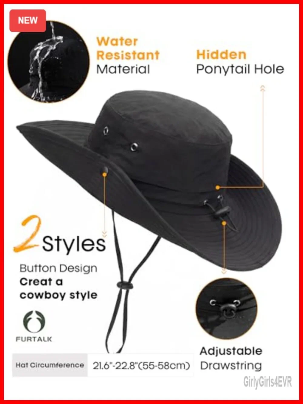 Women's Nylon Sun Hat Wide Brim UV Protection Ponytail Hole Packable Cowboy